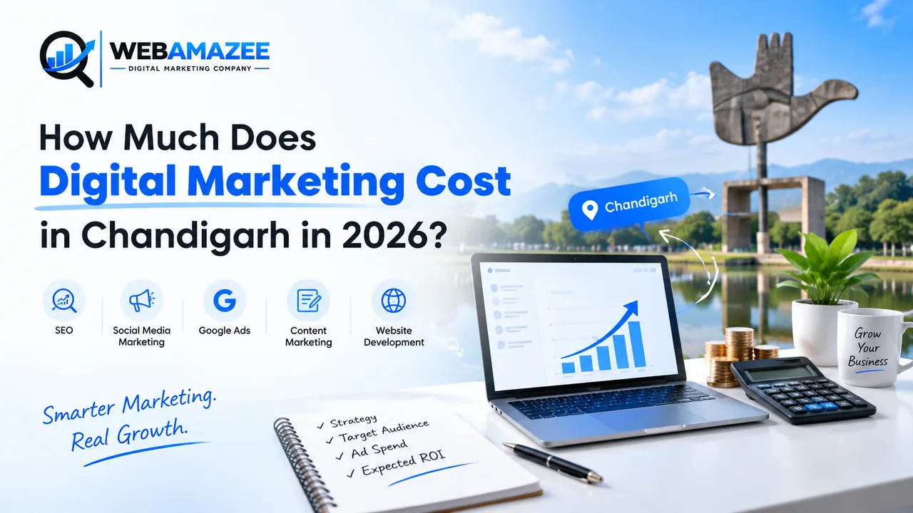 Digital marketing cost in Chandigarh 2026 shown as a monthly budget breakdown for SEO, ads and social media
